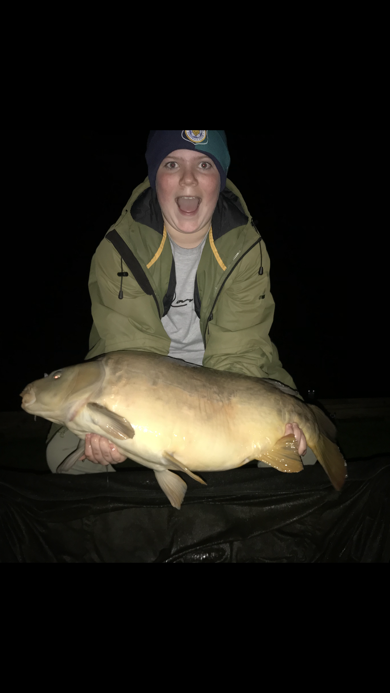 Jacob Dewick with his PB and the new Cherry Pool lake record. A 29-08 Mirror Carp