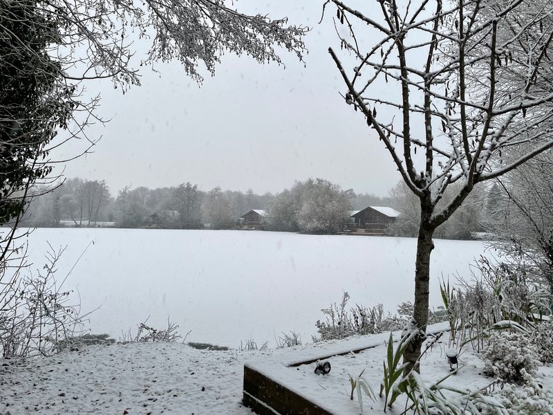 This weekend's arctic conditions. The view from the gate to the Cherry Lake Lodges.