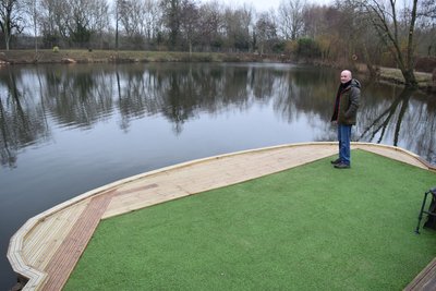 The new Kingfisher fishing platform. Fishery manager Dave is well pleased with it.